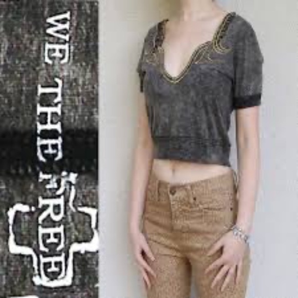 We the Free Washed Black Embellished Crop V Neck Short Sleeve - Picture 1 of 5